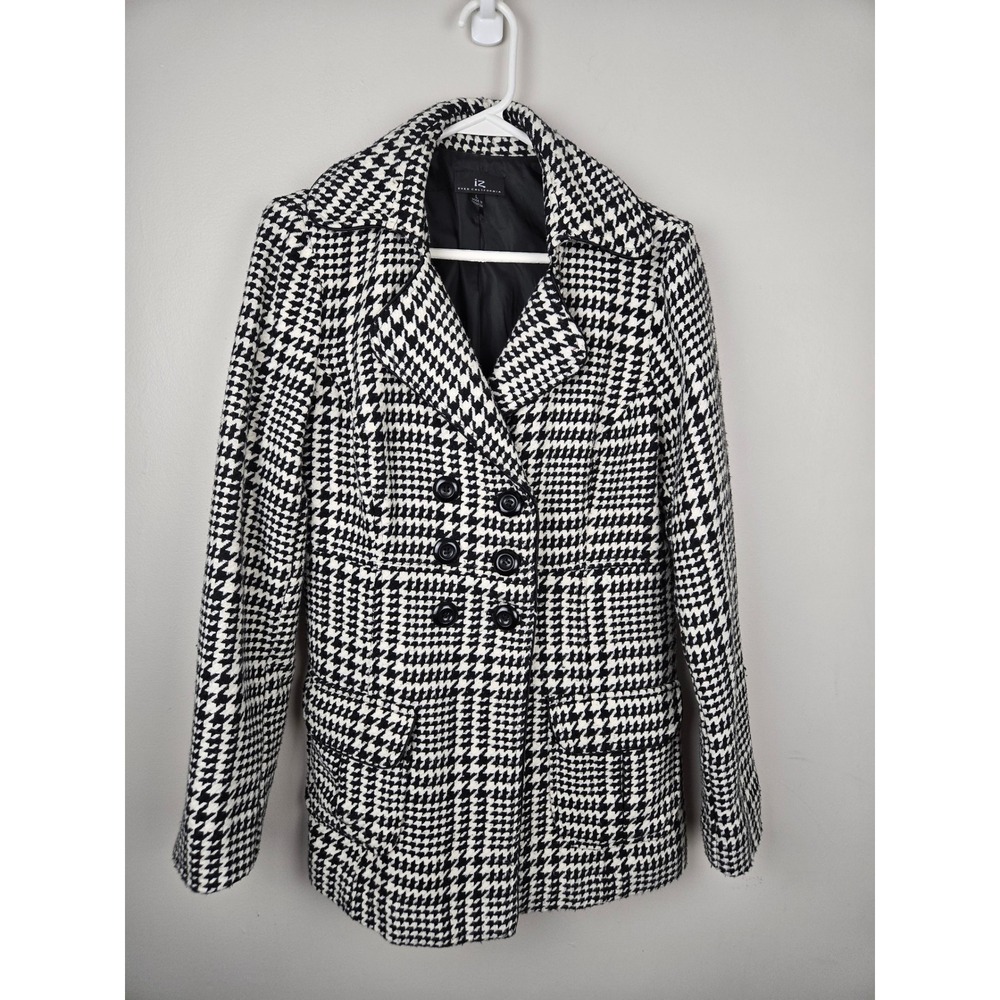 IZ‎ Byer California Women Black White Houndstooth Double Breasted Peacoat Size L